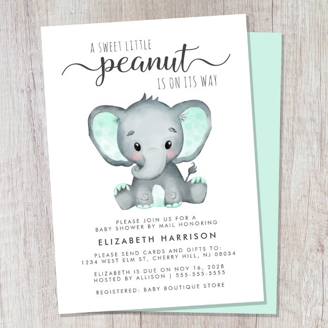 Cute Elephant Mint Baby Shower by Mail Inbjudningar (Cute gender-neutral baby shower by mail invitation)