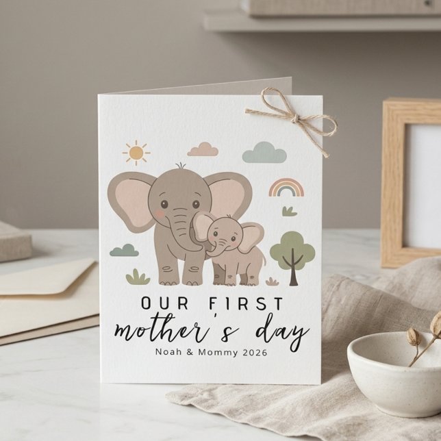 Cute Elephant Mom Baby First Mothers Day Art Kort (Skapare uppladdad)