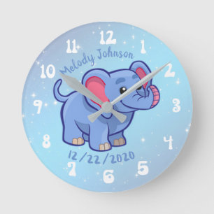Cute Elephant Monogram Namn & B Day Nursery & Chil Rund Klocka