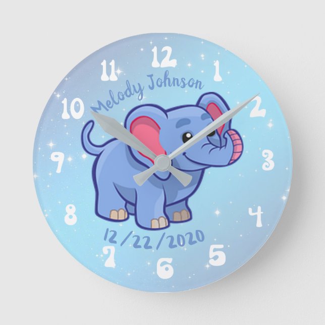 Cute Elephant Monogram Namn & B Day Nursery & Chil Rund Klocka (Framsida)