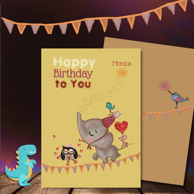 Cute Elephant & Mouse Gult Birday Card Julkort (Cute Elephant & Mouse Yellow Birthday Card)