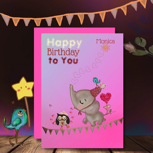 Cute Elephant & Mouse Rosa Birthday Card Julkort (Cute Elephant & Mouse Pink Birthday Card)