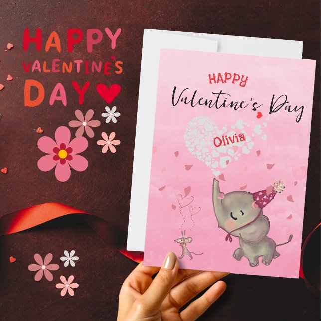 Cute Elephant Mouse Valentine Rosa Julkort (Cute Elephant Mouse Valentine Pink Holiday Card )