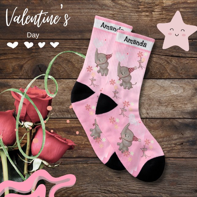 Cute Elephant Mouse Valentine Rosa Strumpor (Cute Elephant Mouse Valentine Pink Socks)
