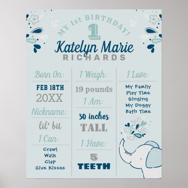 Cute Elephant Navy & Mint First Birthday Milestone Poster (Framsidan)