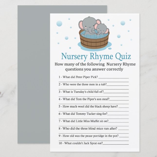 Cute Elephant Nursery Rhyme Quiz babyduschspel (Fram/baksida)