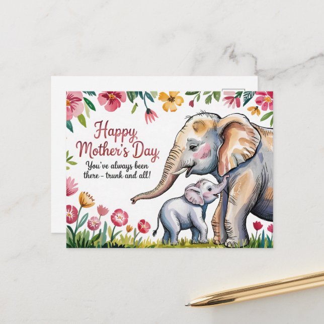 Cute Elephant och Baby Blommigt Mors dag Vykort (Fram/Back In Situ)
