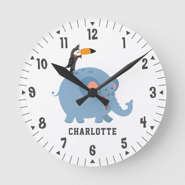 Cute Elephant och Bird Girls Room Decor Anpassning Rund Klocka (Framsida)