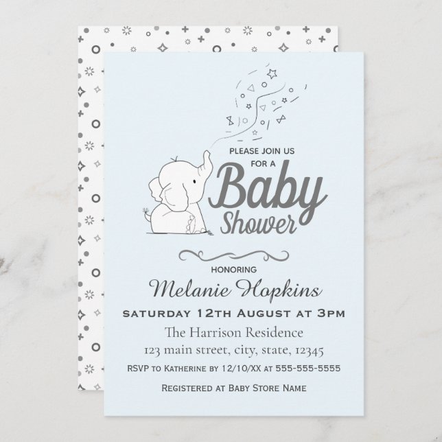 Cute Elephant och Confetti Blue Baby Shower Inbjudningar (Fram/baksida)