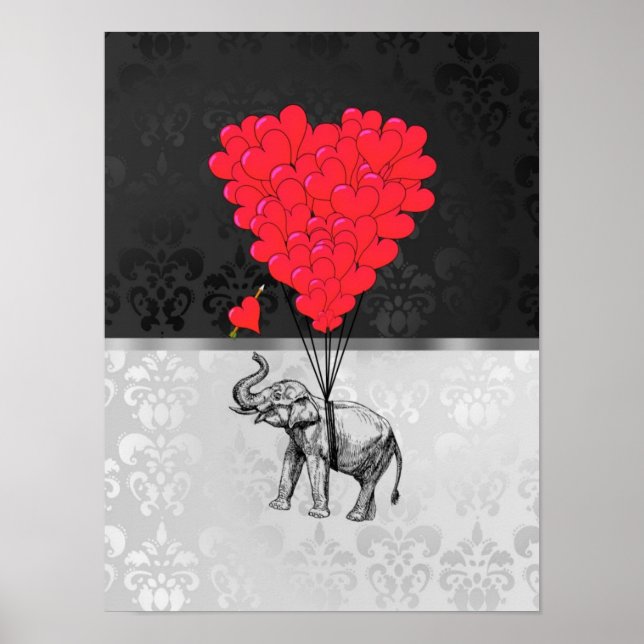 Cute elephant och kärlek hjärta på grått poster (Framsidan)