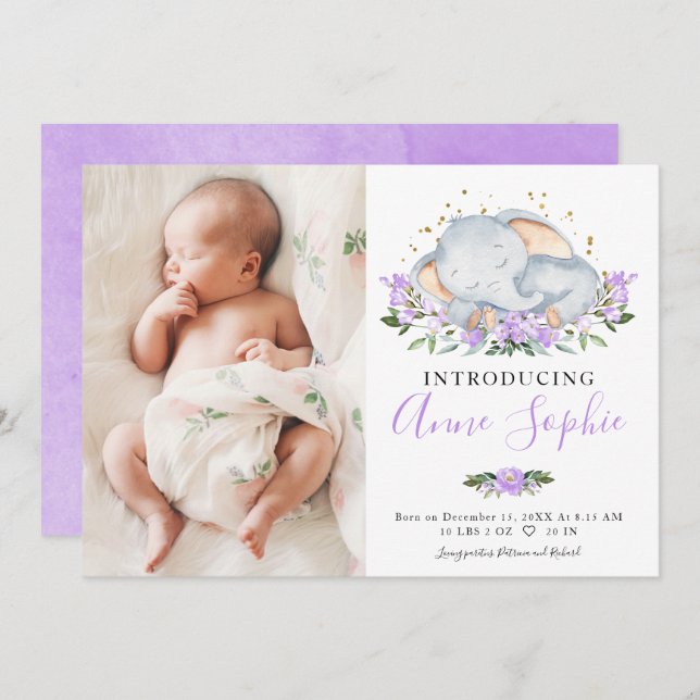 Cute Elephant Photo Birth Announcement Card Inbjudningar (Fram/baksida)