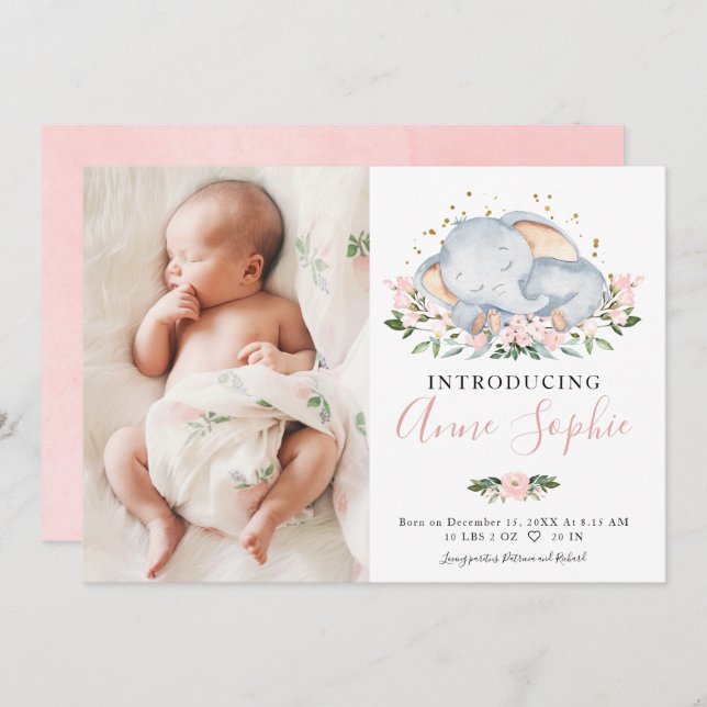 Cute Elephant Photo Birth Announcement Card Inbjudningar (Fram/baksida)