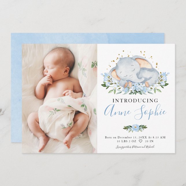 Cute Elephant Photo Birth Announcement Card Inbjudningar (Fram/baksida)