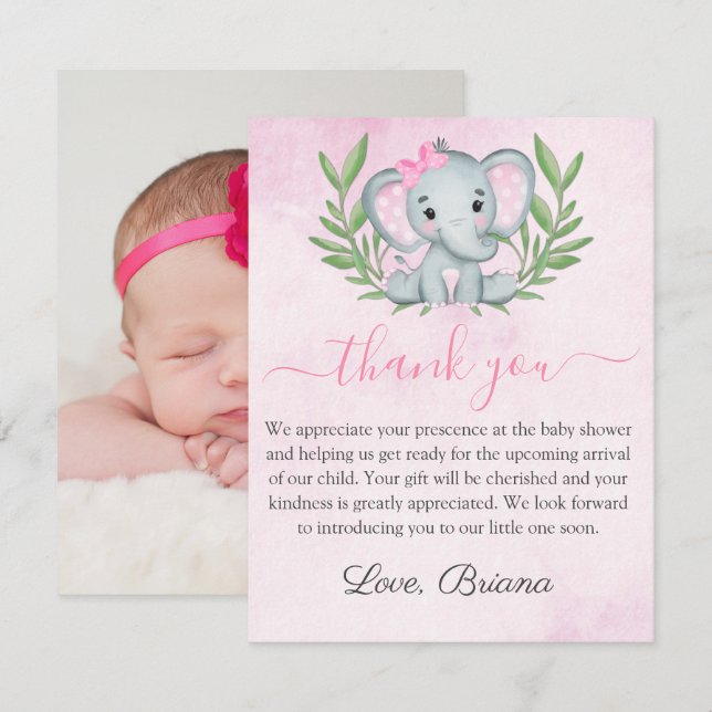 Cute Elephant Photo Tropical Girl Baby Shower Invi Inbjudningar (Fram/baksida)