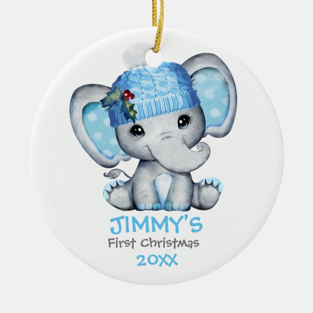 Cute Elephant Pojke Baby Första jul Julgransprydnad Keramik (Framsidan)