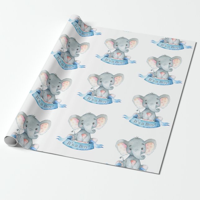 Cute Elephant Pojke Blue och Grått Presentpapper (Utrullad)