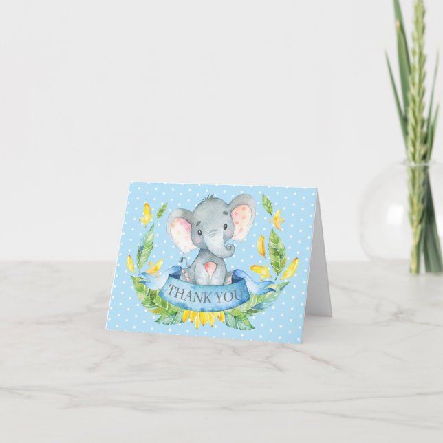 Cute Elephant Pojke Blue och Grått Tack Kort (Framsida)