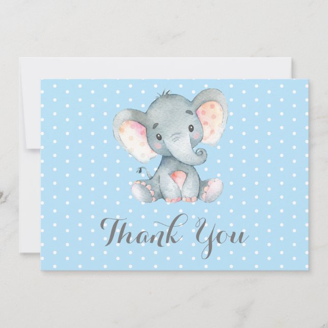 Cute Elephant Pojke Blue och Grått Tack Kort (Framsida)