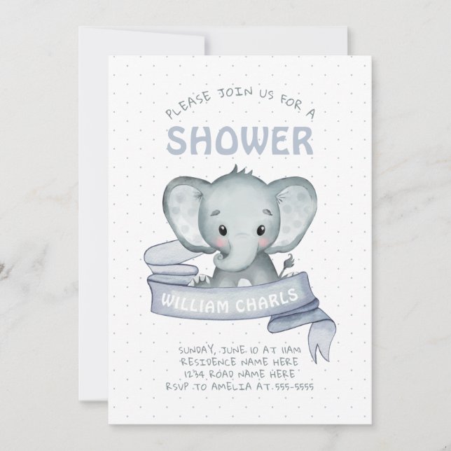 Cute Elephant Pojke Blue White Modern Simple Inbjudningar (Framsida)
