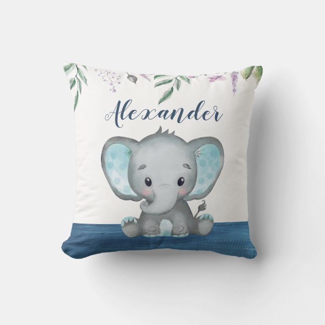 Cute Elephant Pojke Custom Name Blue Wood Kudde (Framsida)