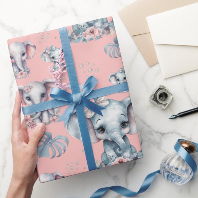 Cute Elephant Print på Rosa-bakgrund Presentpapper (Gifting)