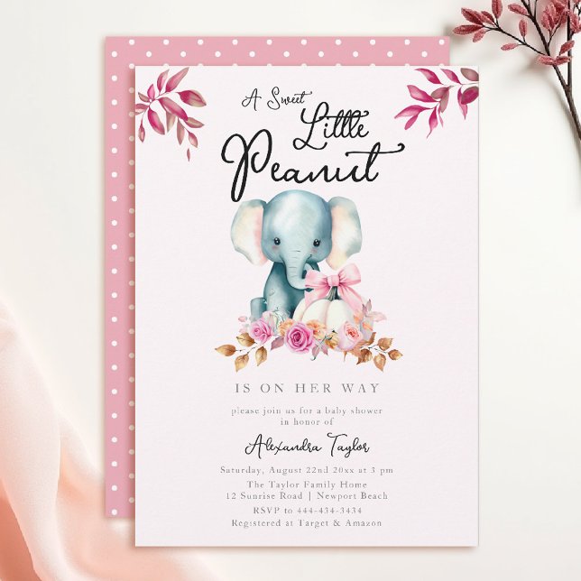 Cute Elephant Pumpkin Höst löv Baby Shower Inbjudningar (fall baby shower themes little peanut elephant pumpkin greenery floral watercolor pink burgundy)