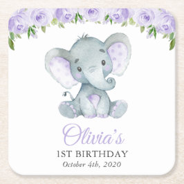 Cute Elephant, Purple Flowers, First Birthday Underlägg Papper Kvadrat