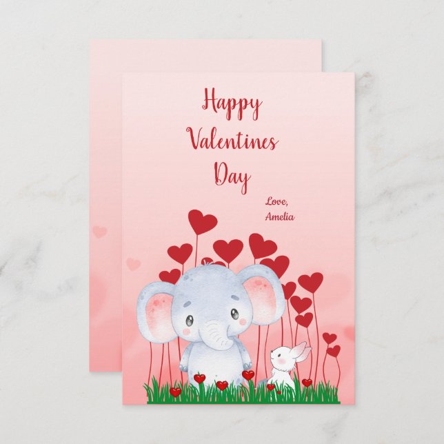 Cute Elephant Rabbit Friends Red Hearts Valentine Kort (Fram/baksida)