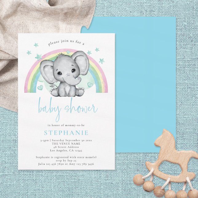 Cute Elephant Rainbow Blue Shower Inbjudningar (Skapare uppladdad)