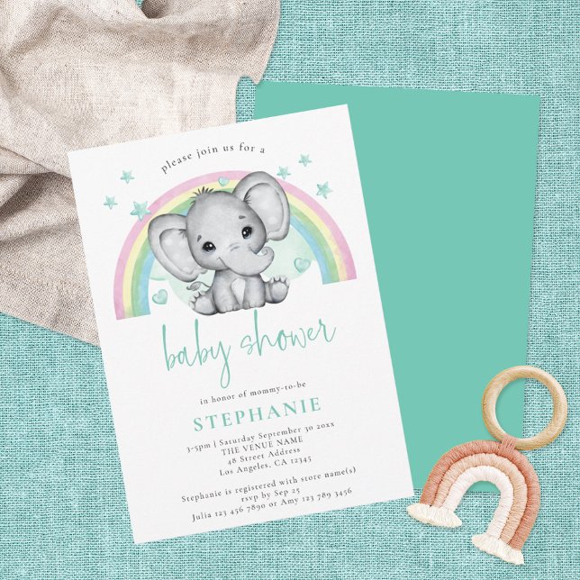 Cute Elephant Rainbow Gender Neutral Baby Shower Inbjudningar (Skapare uppladdad)