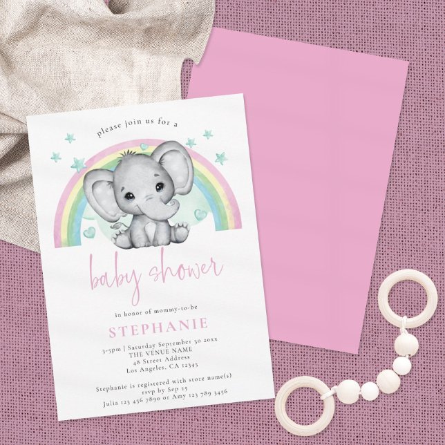 Cute Elephant Rainbow Rosa Baby Shower Inbjudningar (Skapare uppladdad)