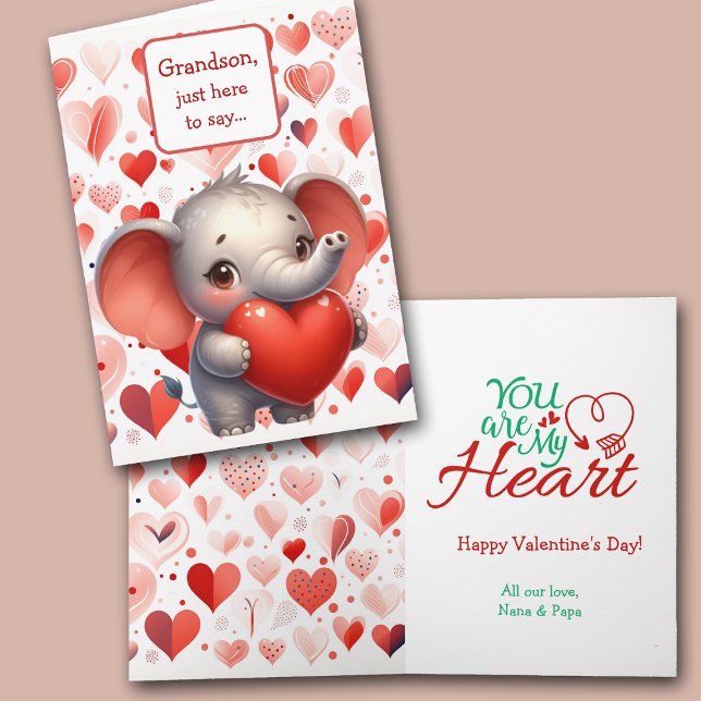 Cute Elephant Red Heart Grandson Valentine Helgkort (Skapare uppladdad)