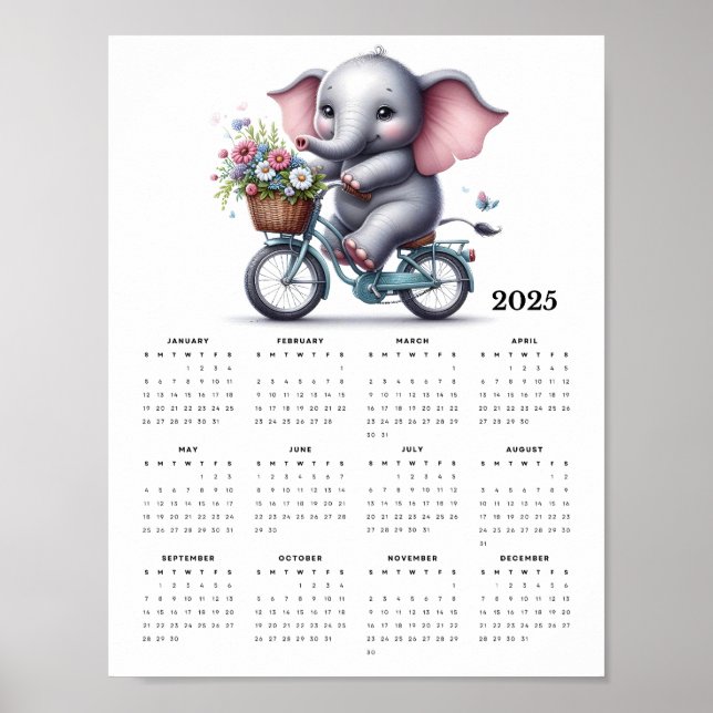 Cute Elephant Riding a Bicycle 2025 Wall Calendar Poster (Framsidan)