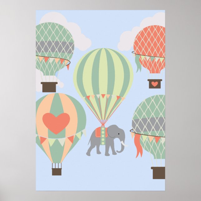 Cute Elephant Riding Luftballongs Stigning Poster (Framsidan)