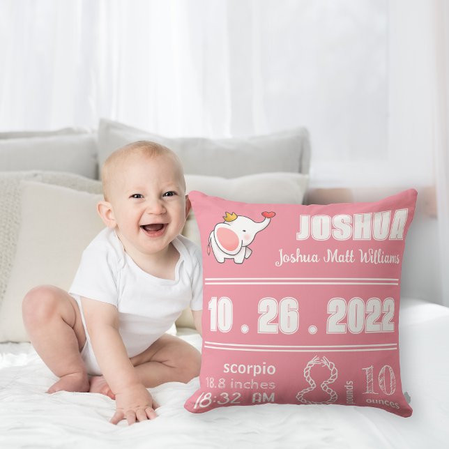 Cute Elephant Ro Rosa Birth Notice Kudde (Skapare uppladdad)