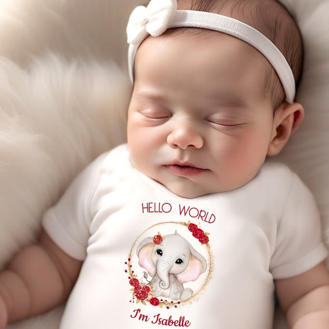Cute Elephant Röd ros Blommigt Namn Newborn Girl T Shirt (Cute Elephant Red Roses Floral Name Newborn Girl Baby T-Shirt)