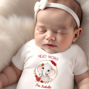 Cute Elephant Röd ros Blommigt Namn Newborn Girl T Shirt