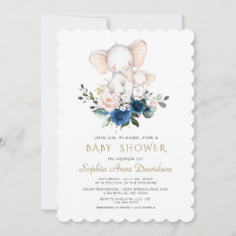 Cute Elephant Rosa Blåa blommor Baby Shower Inbjudningar