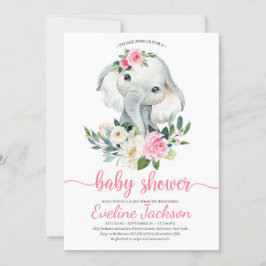Cute Elephant Rosa Blommigt Baby Shower Inbjudan
