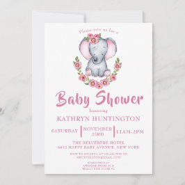 Cute Elephant Rosa Blommigt Baby Shower Inbjudningar