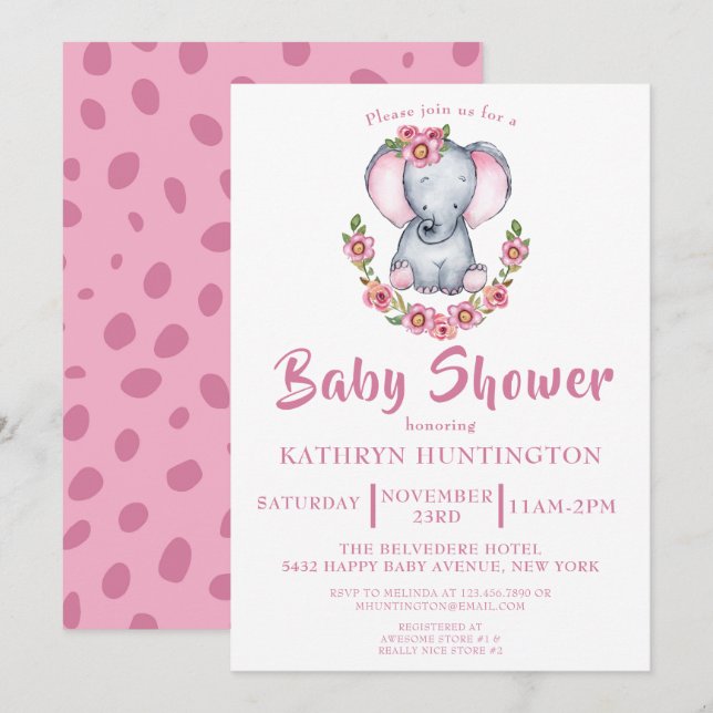 Cute Elephant Rosa Blommigt Baby Shower Inbjudningar (Fram/baksida)