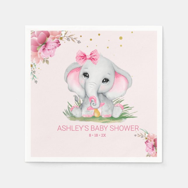Cute Elephant Rosa Blommigt Baby Shower Pappersservett (Framsidan)