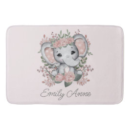Cute Elephant Rosa Blommigt Greenery Child's Namn Badrumsmatta