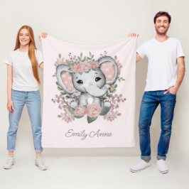 Cute Elephant Rosa Blommigt Greenery Child's Namn Fleecefilt