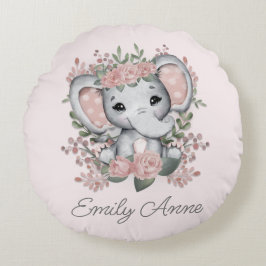 Cute Elephant Rosa Blommigt Polka Dot Child's Namn Rund Kudde