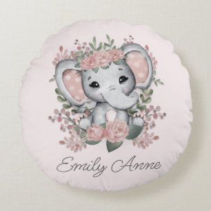 Cute Elephant Rosa Blommigt Polka Dot Child's Namn Rund Kudde