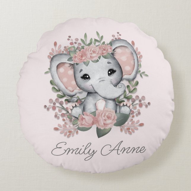 Cute Elephant Rosa Blommigt Polka Dot Child's Namn Rund Kudde (Framsidan)