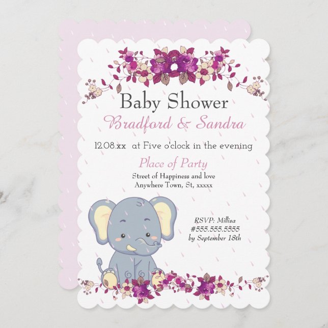Cute Elephant Rosa Blommigt Rindroppar Baby Shower Inbjudningar (Fram/baksida)