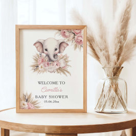 Cute Elephant Rosa Boho Girl Baby Shower Välkommen Poster