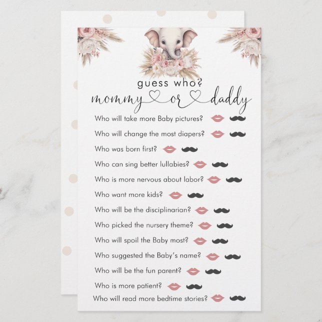 Cute Elephant Rosa Boho Girl "Gissa WHO Game" (Fram/baksida)